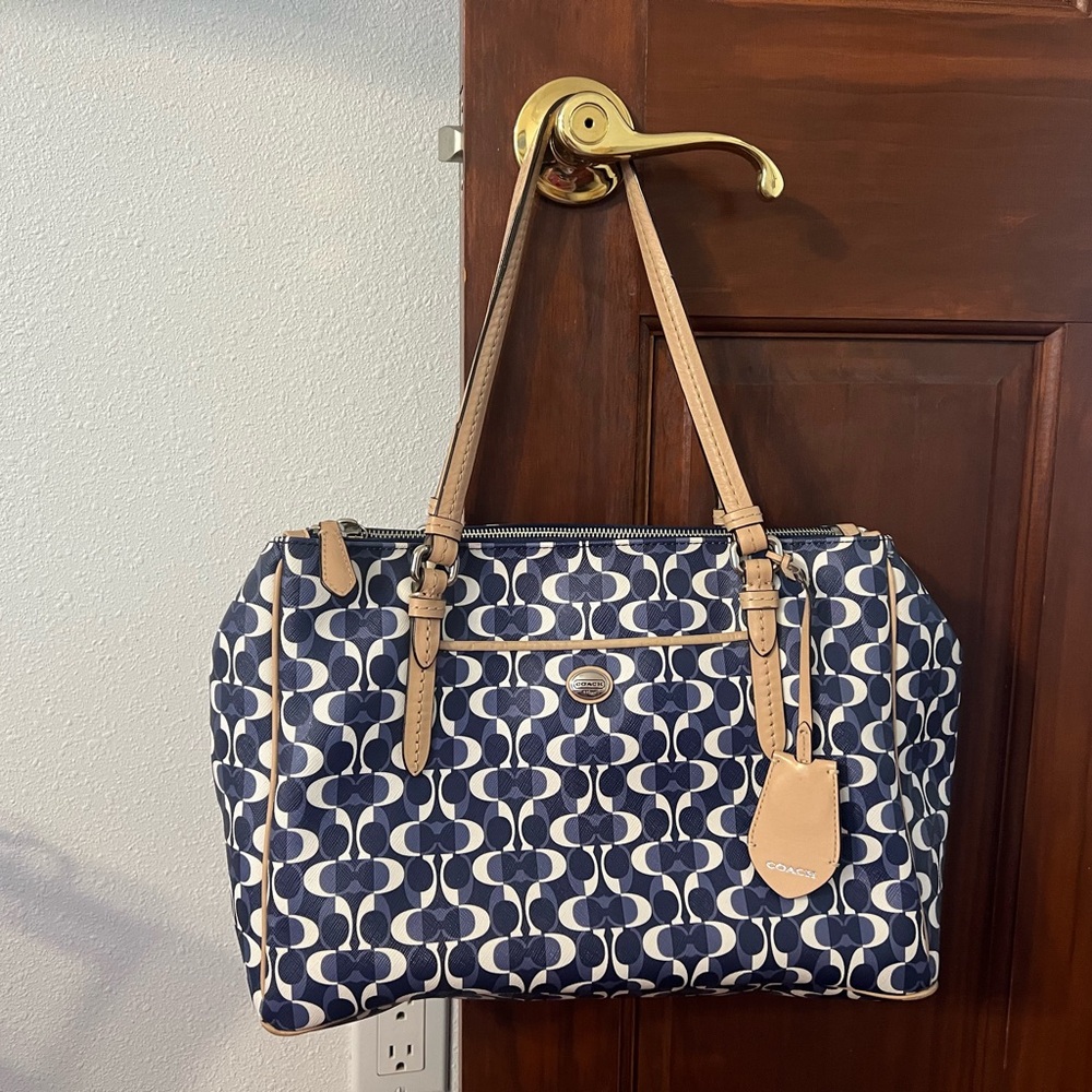 Coach Navy and Tan Signature Tote Bag
